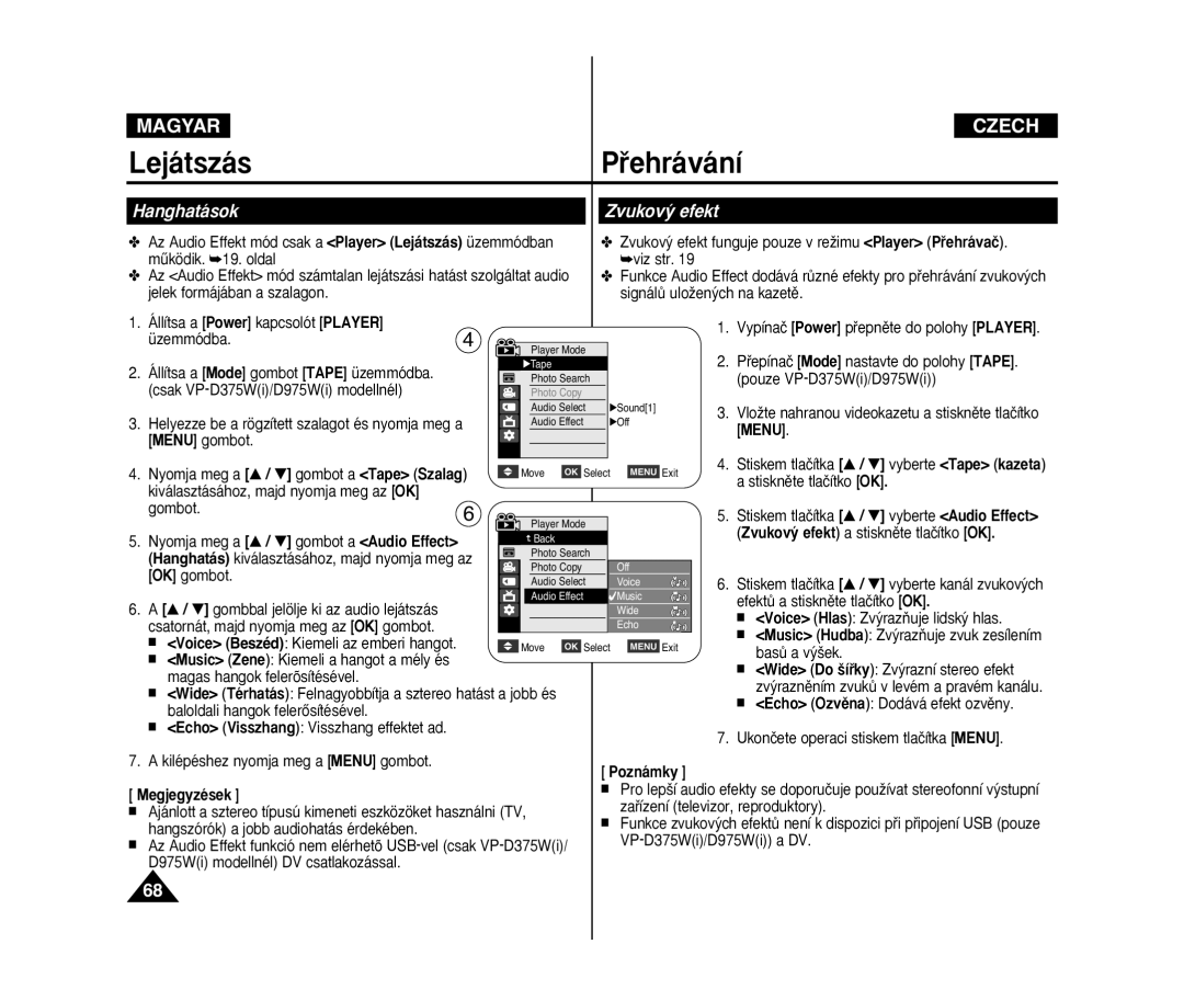 Samsung VP-D375W/XEO, VP-D371W/XEO manual Hanghatások Zvukov˘ efekt, Menu gombot, Zvukov˘ efekt a stisknûte tlaãítko OK 