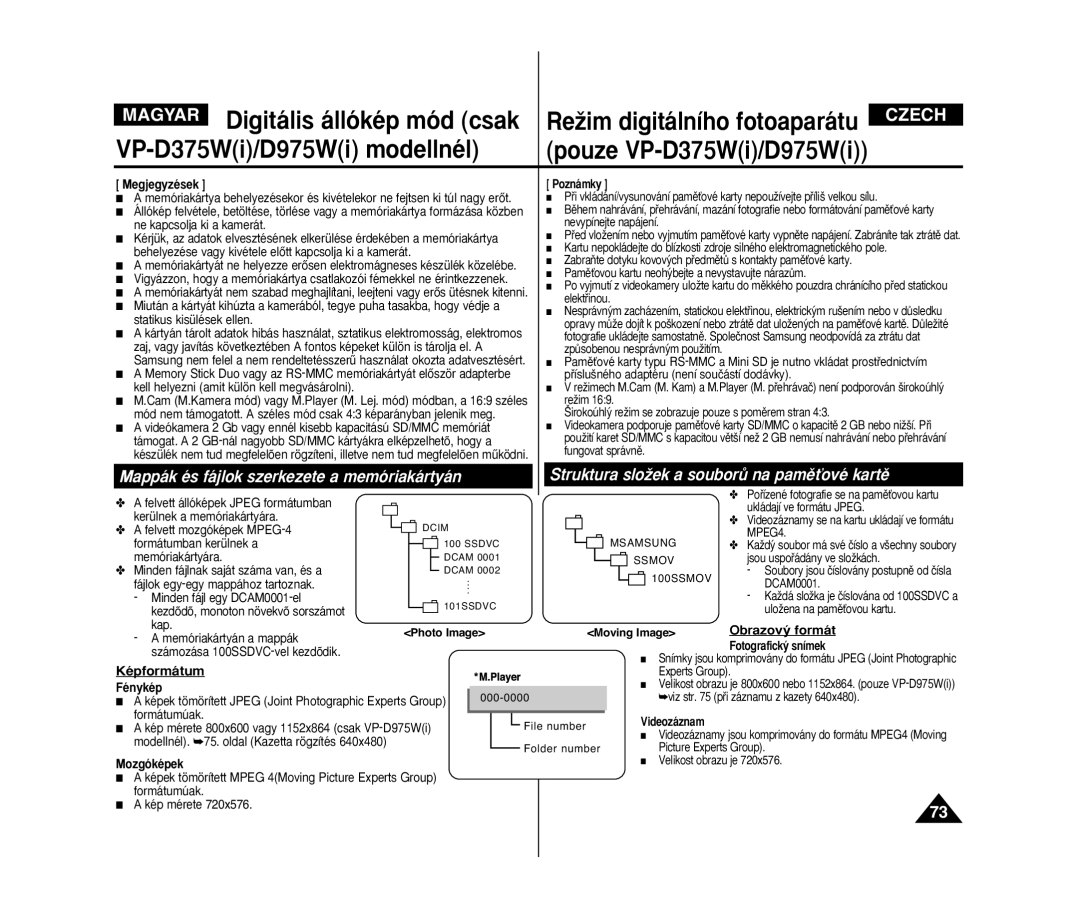 Samsung VP-D371/XEO manual Struktura sloÏek a souborÛ na pamûÈové kartû, Mappák és fájlok szerkezete a memóriakártyán 