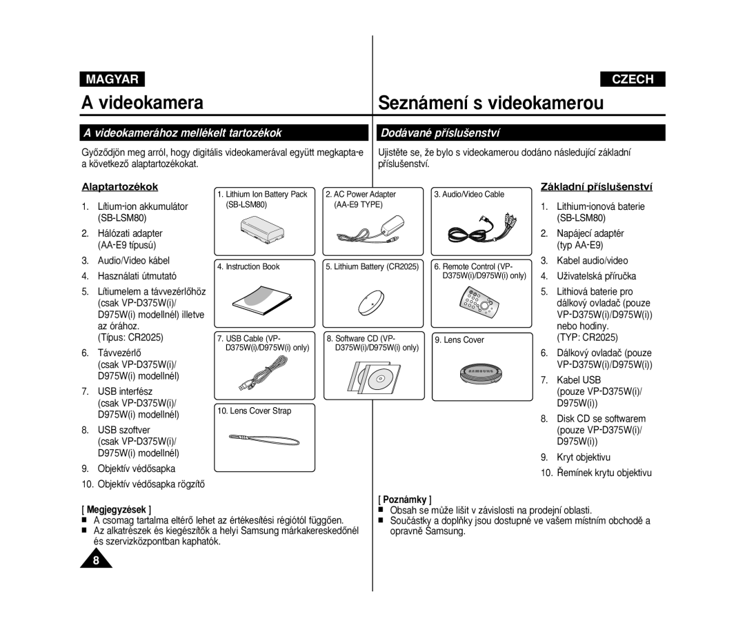Samsung VP-D375W/XEO Videokamera Seznámení s videokamerou, Videokamerához mellékelt tartozékok Dodávané pﬁíslu‰enství 