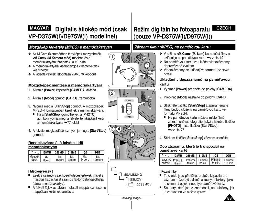 Samsung VP-D375W/XEO, VP-D371W/XEO manual Mozgókép felvétele Mpeg a memóriakártyán, Mozgóképek mentése a memóriakártyára 