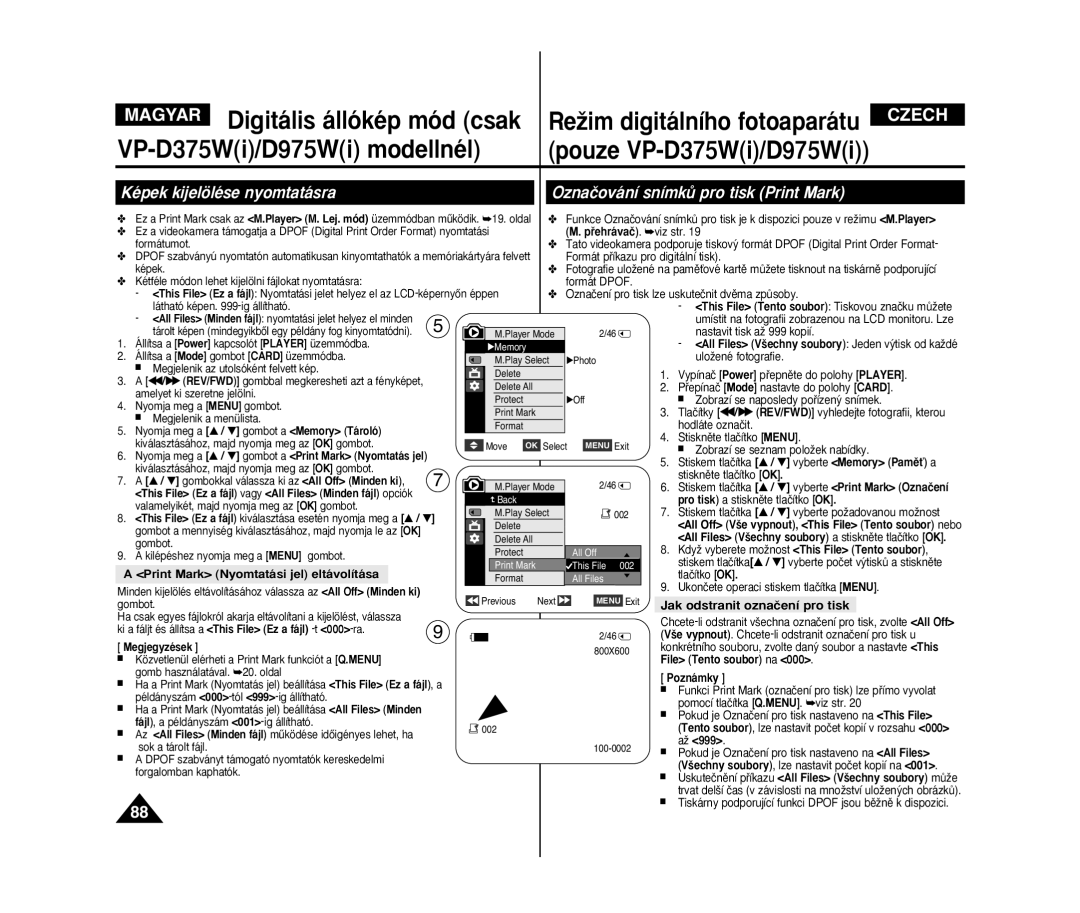 Samsung VP-D371/XEO manual Jak odstranit oznaãení pro tisk, Print Mark Nyomtatási jel eltávolítása, Pﬁehrávaã . viz str 