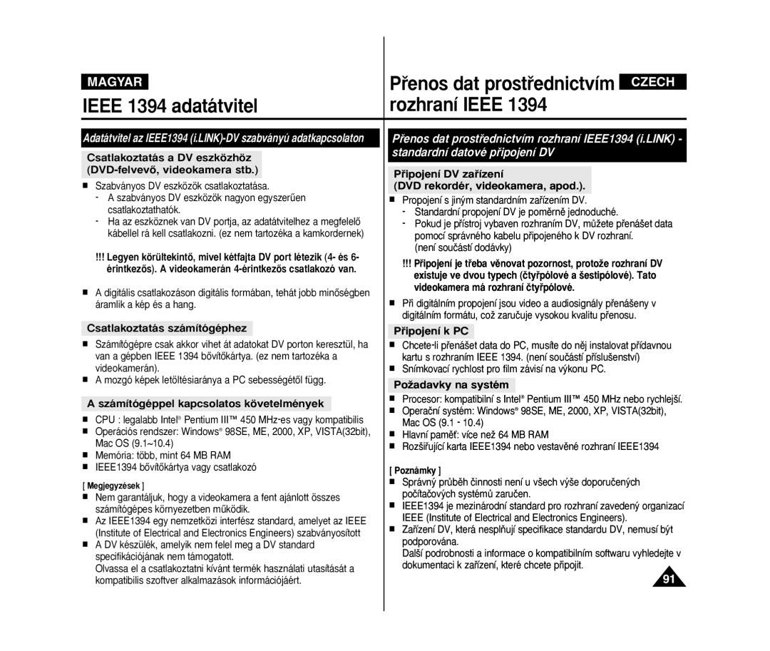 Samsung VP-D371/XEO, VP-D371W/XEO, VP-D375W/XEO manual Ieee 1394 adatátvitel Rozhraní Ieee 