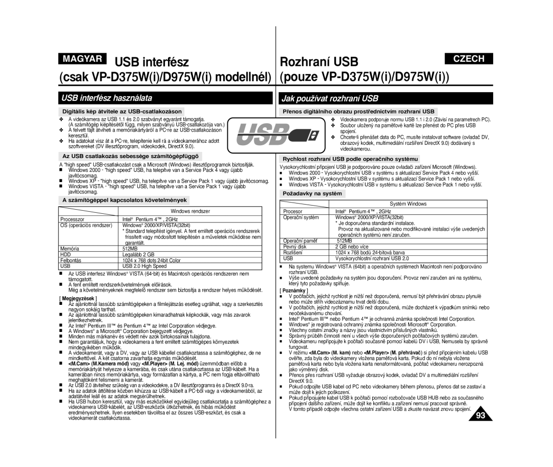 Samsung VP-D371W/XEO, VP-D371/XEO, VP-D375W/XEO manual USB interfész használata, Jak pouÏívat rozhraní USB 