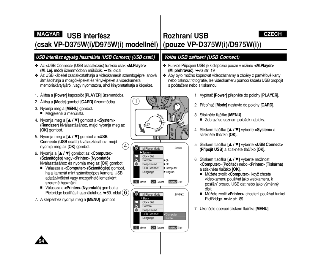 Samsung VP-D371/XEO, VP-D371W/XEO Volba USB zaﬁízení USB Connect, USB interfész egység használata USB Connect USB csatl 