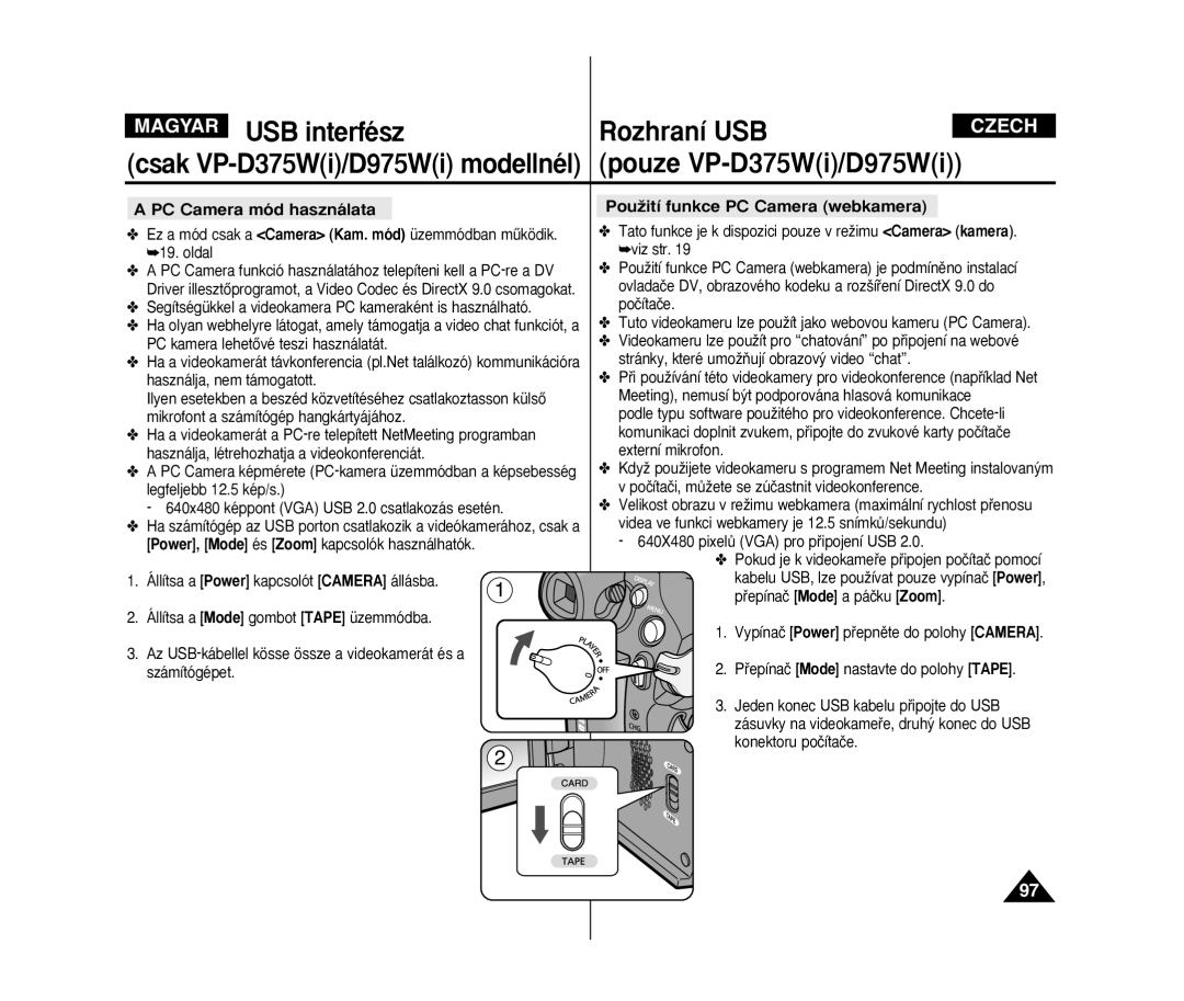 Samsung VP-D371/XEO, VP-D371W/XEO, VP-D375W/XEO manual PC Camera mód használata, PouÏití funkce PC Camera webkamera 