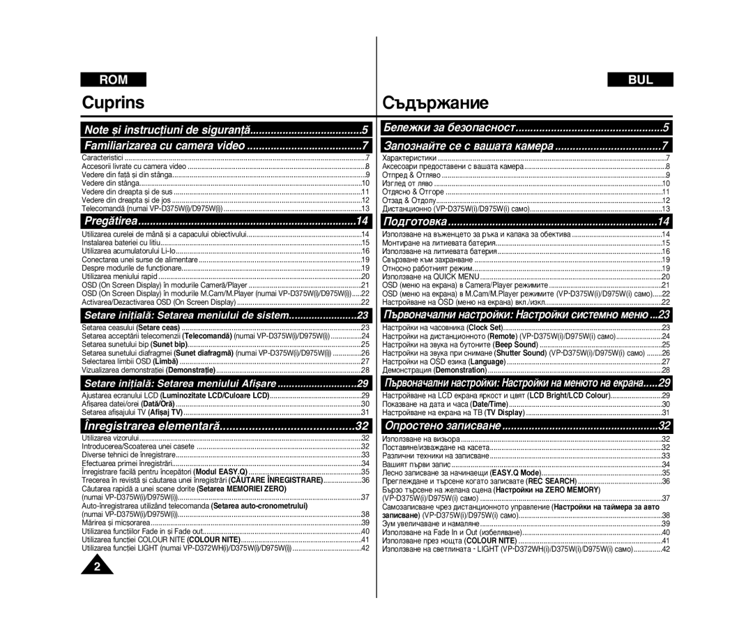 Samsung VP-D371/XEO, VP-D371/XEE Cuprins ˙‰˙Ê‡ÌËÂ, Åâîâêíë Á‡ ·ÂÁÓÔ‡ÒÌÓÒÚ, ˙‚ÓÌ‡˜‡ÎÌË Ì‡ÒÚÓÈÍË ç‡ÒÚÓÈÍË Òëòúâïìó ÏÂÌ˛ 