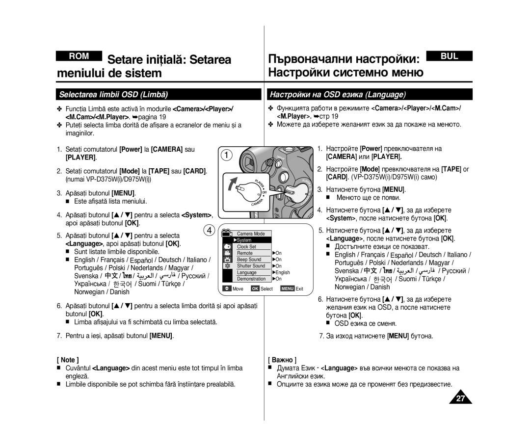 Samsung VP-D371/XEO Selectarea limbii OSD Limbæ ‡ÒÚÓÈÍË Ì‡ OSD ÂÁËÍ‡ Language, Cam/M.Player. pagina Player. ÒÚ, Pûòòíëè 