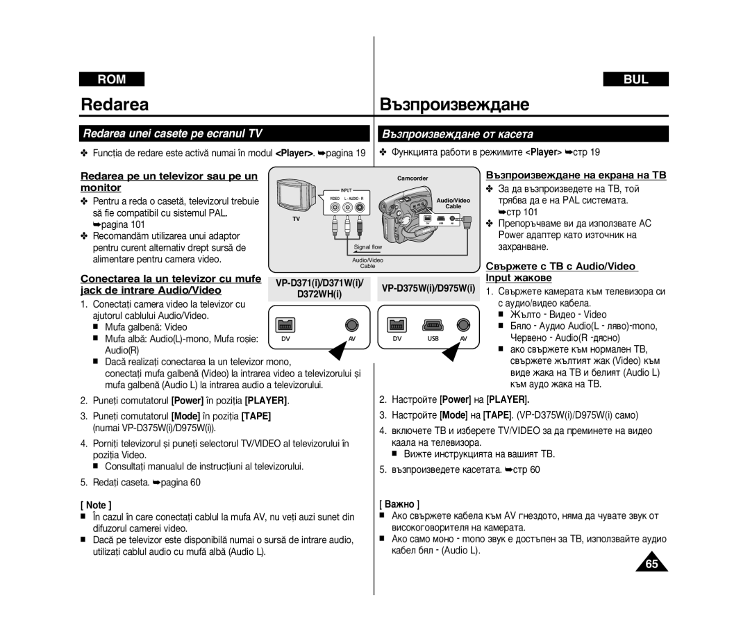 Samsung VP-D371/XEE manual Redarea unei casete pe ecranul TV, ˙Áôóëá‚Âê‰‡Ìâ Óú Í‡Òâú‡, Redarea pe un televizor sau pe un 