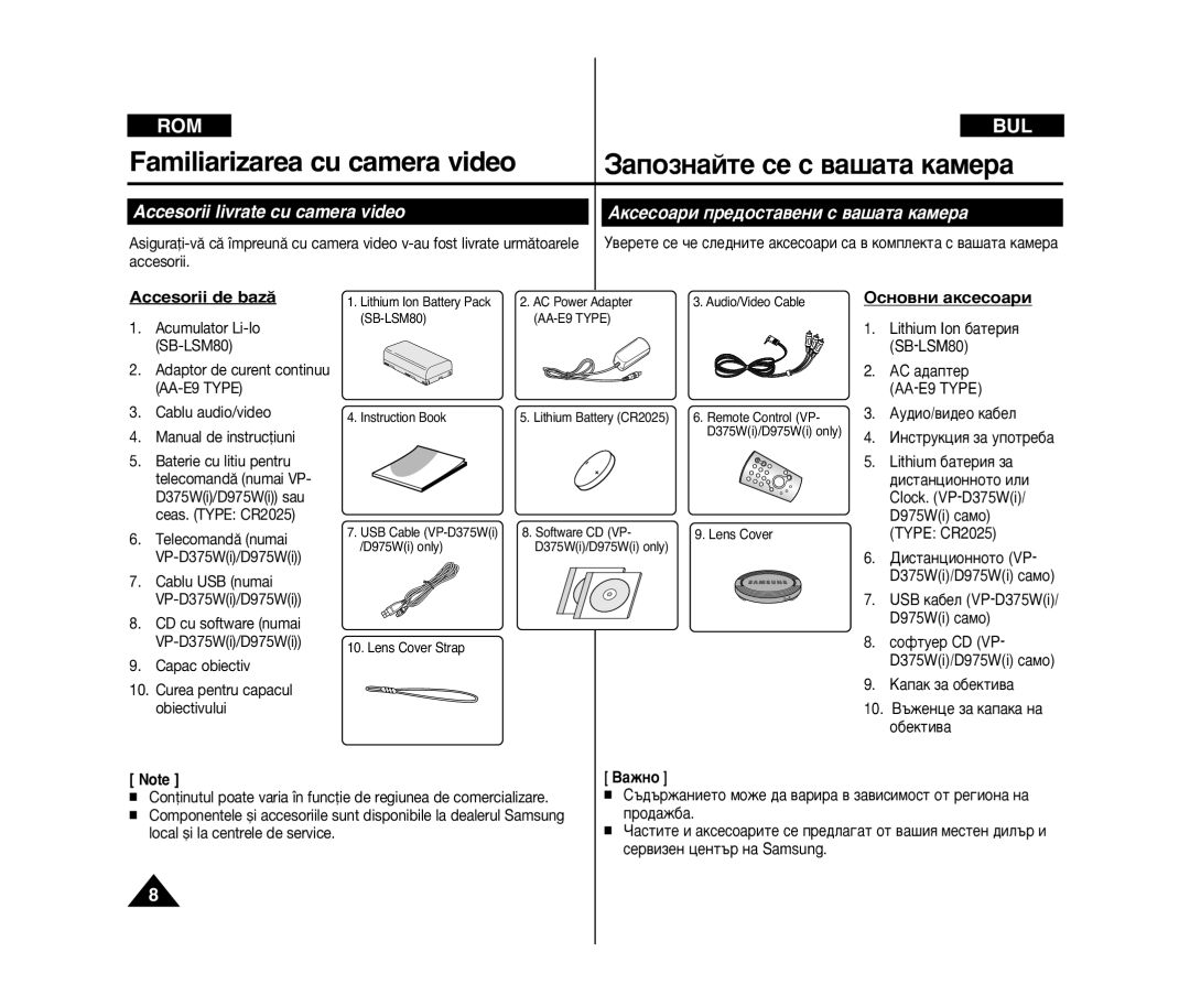 Samsung VP-D375W/XEE manual ‡Ôóáì‡Èúâ Òâ Ò ‚‡¯‡Ú‡ Í‡Ïâ‡, Familiarizarea cu camera video, Accesorii livrate cu camera video 