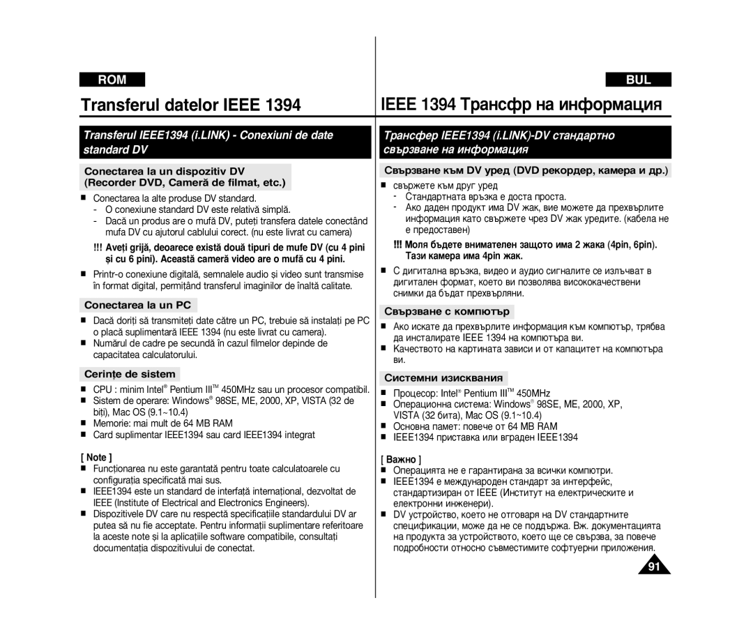 Samsung VP-D371W/XEE, VP-D371/XEE, VP-D371/XEO, VP-D375W/XEE manual Transferul datelor Ieee Ieee 1394 í‡ÌÒÙ Ì‡ ËÌÙÓÏ‡ˆËﬂ 