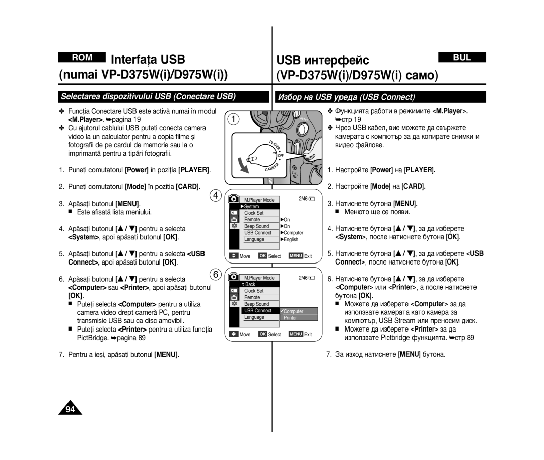 Samsung VP-D372WH/XEE, VP-D371/XEE manual ROM Interfaﬂa USB, ‡ÏÂ‡Ú‡ Ò ÍÓÏÔ˛Ú˙ Á‡ ‰‡ ÍÓÔË‡ÚÂ Òìëïíë Ë, ‚Ë‰Âó Ù‡Èîó‚Â 