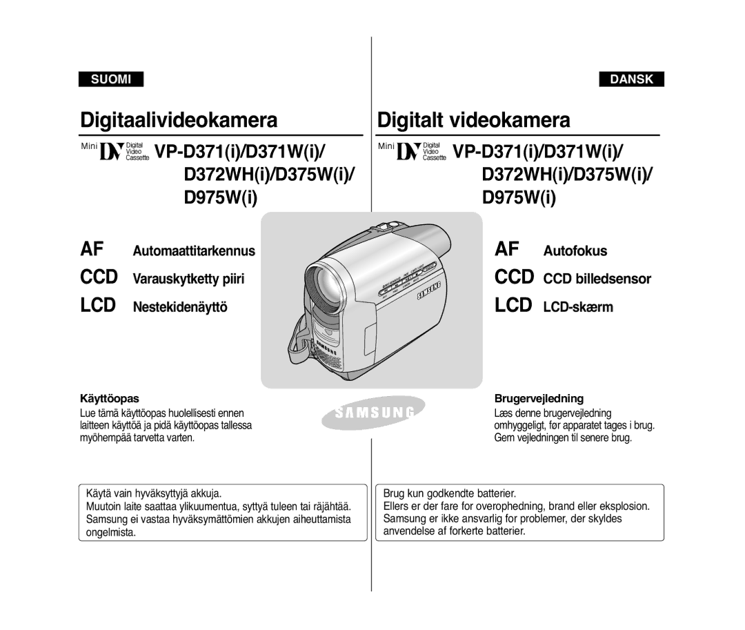 Samsung VP-D371W/XEE, VP-D371/XEE manual Digitaalivideokamera Digitalt videokamera, VP-D371i/D371Wi D372WHi/D375Wi D975Wi 