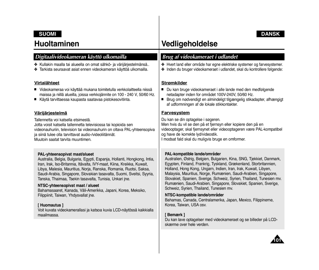 Samsung VP-D371W/XEE, VP-D371/XEE manual Digitaalivideokameran käyttö ulkomailla, Brug af videokameraet i udlandet 