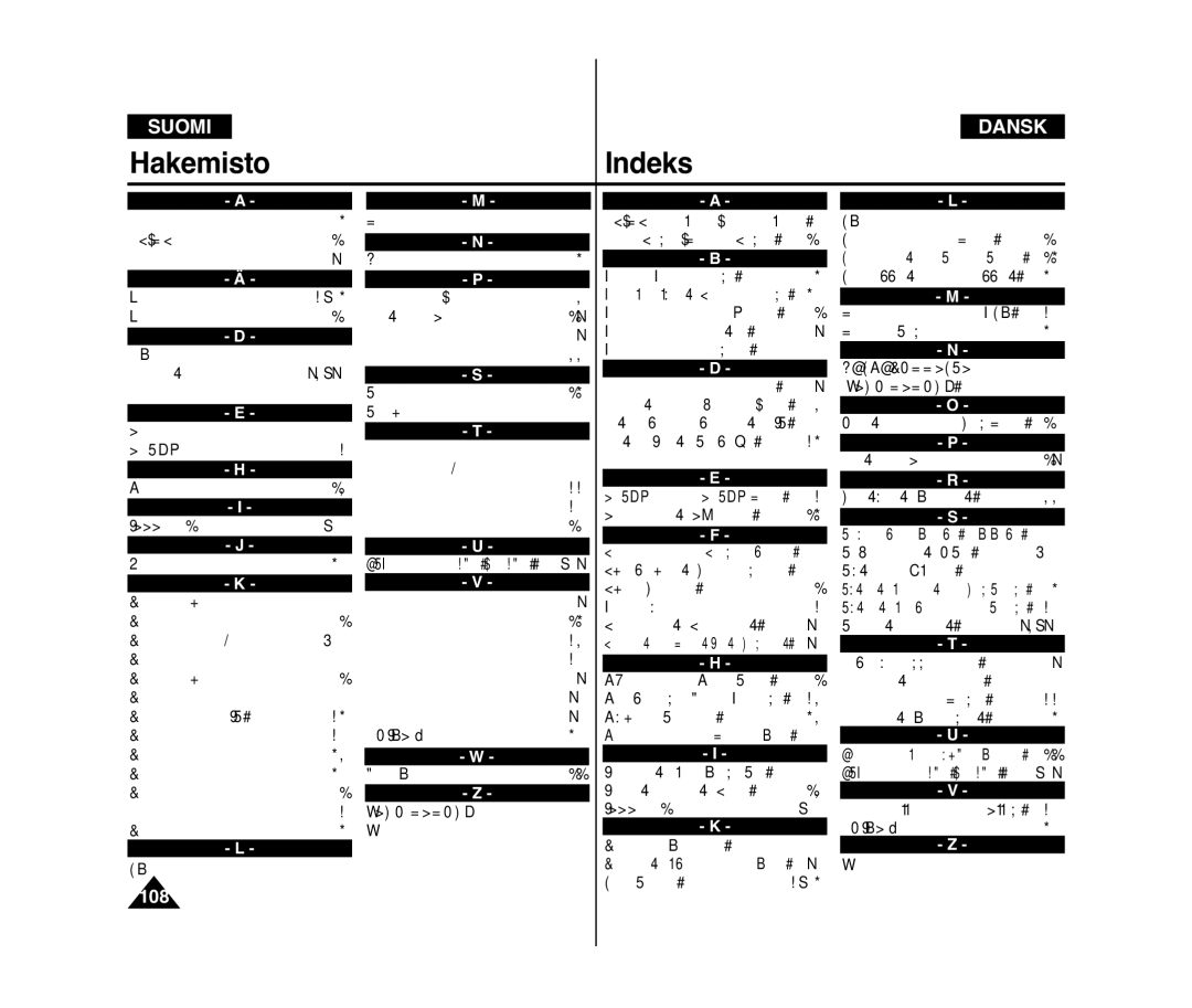 Samsung VP-D371/XEE, VP-D371W/XEE manual HakemistoIndeks, 108 