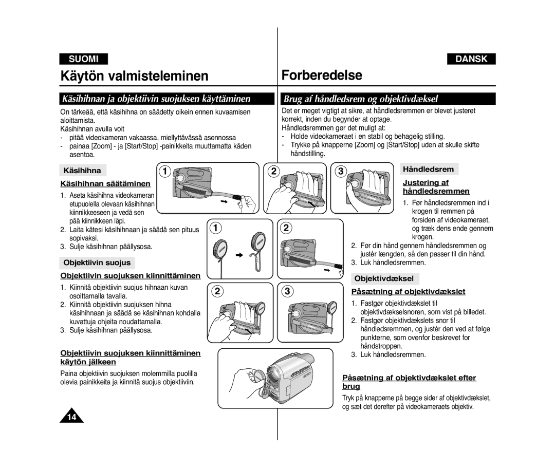 Samsung VP-D371/XEE, VP-D371W/XEE Käytön valmisteleminen Forberedelse, Käsihihnan ja objektiivin suojuksen käyttäminen 