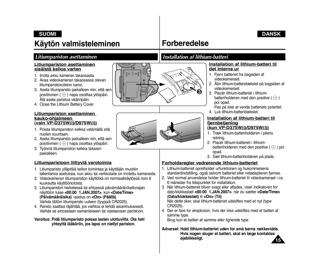 Samsung VP-D371W/XEE, VP-D371/XEE manual Litiumpariston asettaminen, Installation af lithium-batteri 