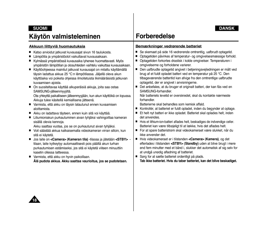 Samsung VP-D371/XEE, VP-D371W/XEE manual Akkuun liittyviä huomautuksia, Bemærkninger vedrørende batteriet 