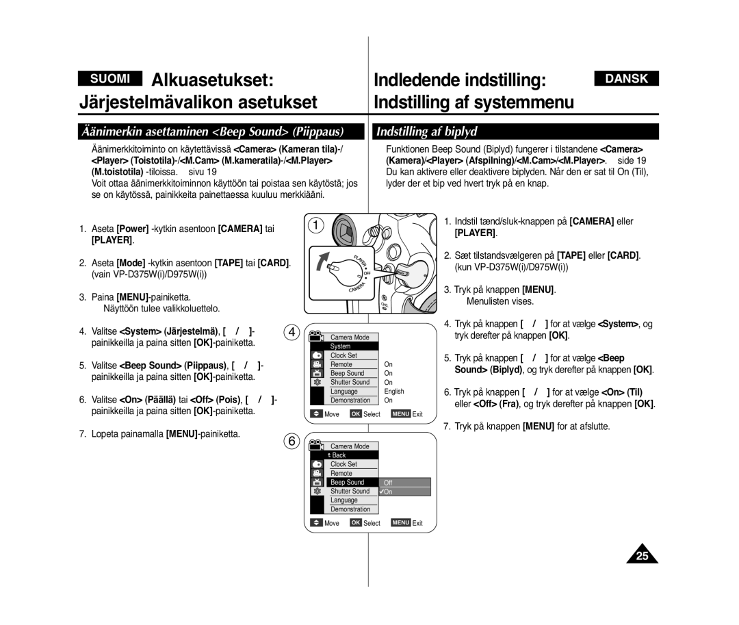 Samsung VP-D371W/XEE manual Indstilling af biplyd, Äänimerkin asettaminen Beep Sound Piippaus, Valitse Beep Sound Piippaus 