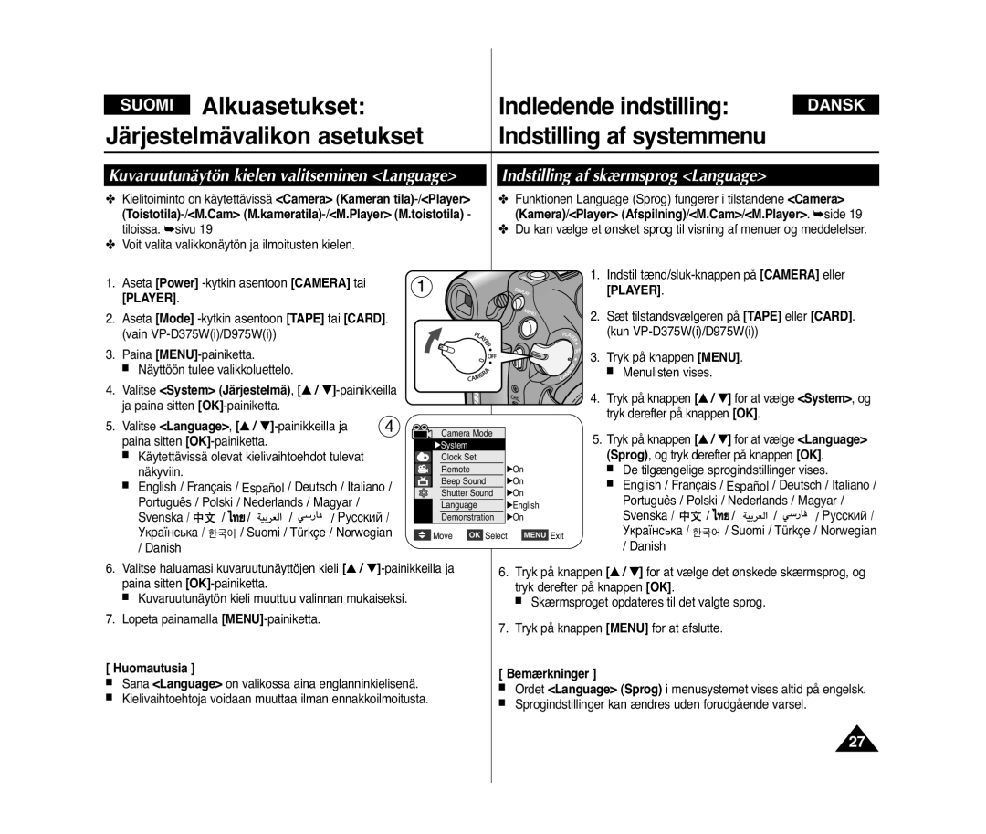 Samsung VP-D371W/XEE, VP-D371/XEE manual Indstilling af skærmsprog Language, Kuvaruutunäytön kielen valitseminen Language 