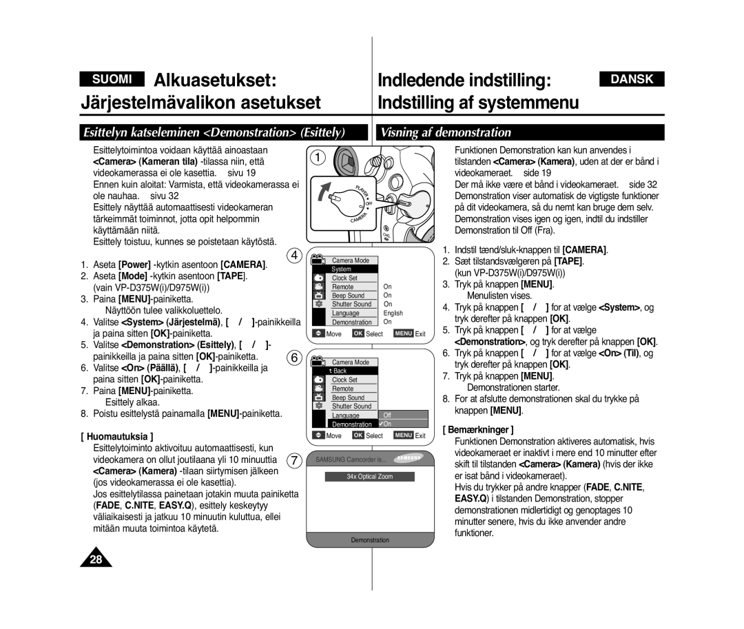 Samsung VP-D371/XEE, VP-D371W/XEE manual Esittelyn katseleminen Demonstration Esittely, Visning af demonstration 