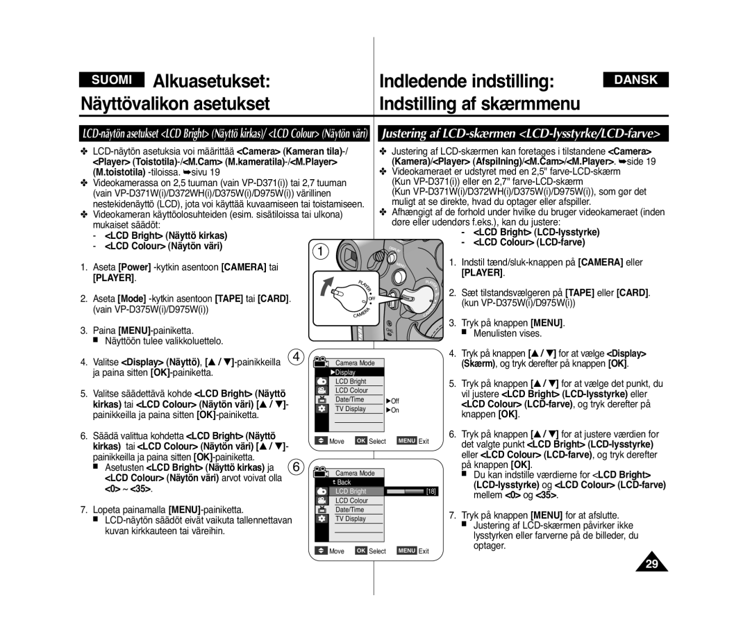 Samsung VP-D371W/XEE manual Suomi Alkuasetukset Indledende indstilling, Justering af LCD-skærmen LCD-lysstyrke/LCD-farve 