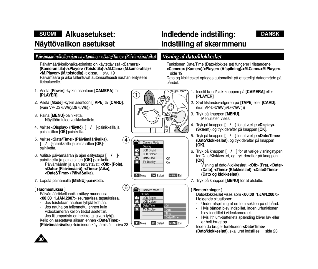 Samsung VP-D371/XEE, VP-D371W/XEE manual Visning af dato/klokkeslæt, Valitse Date/Time Päivämäärä/aika, Dato og klokkeslæt 