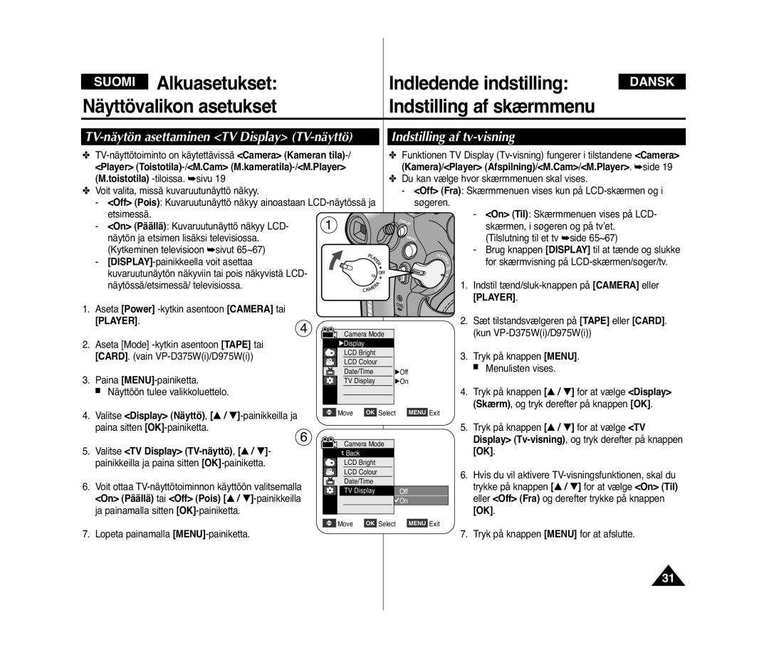 Samsung VP-D371W/XEE, VP-D371/XEE manual TV-näytön asettaminen TV Display TV-näyttö, Indstilling af tv-visning 