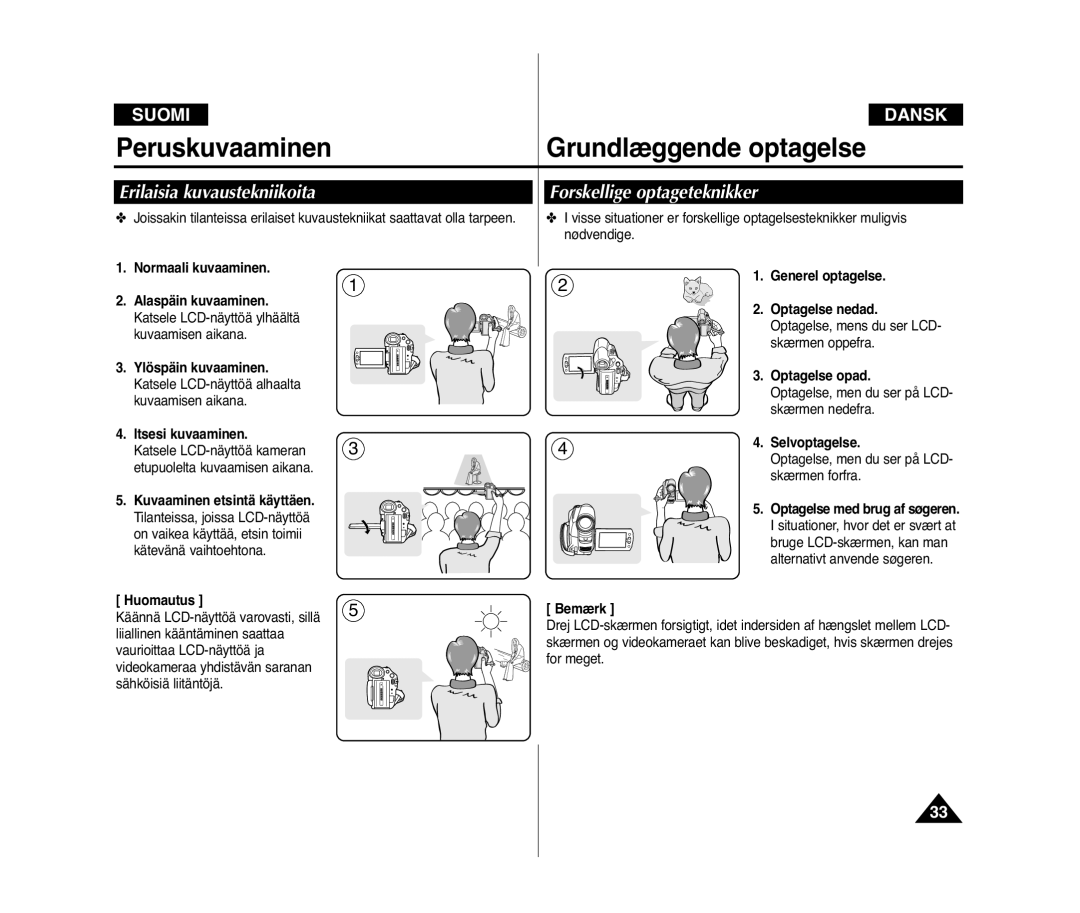 Samsung VP-D371W/XEE, VP-D371/XEE manual Erilaisia kuvaustekniikoita, Forskellige optageteknikker, Selvoptagelse 