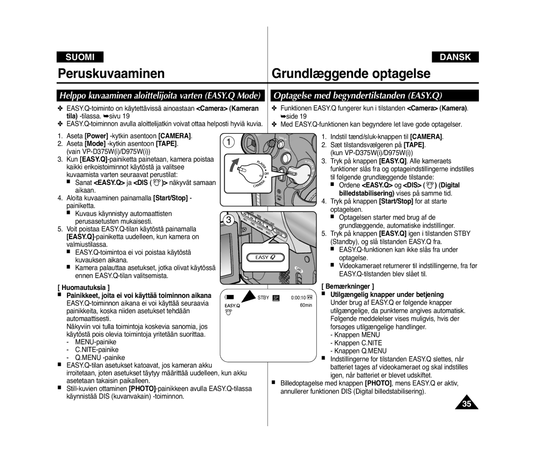 Samsung VP-D371W/XEE, VP-D371/XEE manual Optagelse med begyndertilstanden EASY.Q, Ordene EASY.Q og DIS Digital 