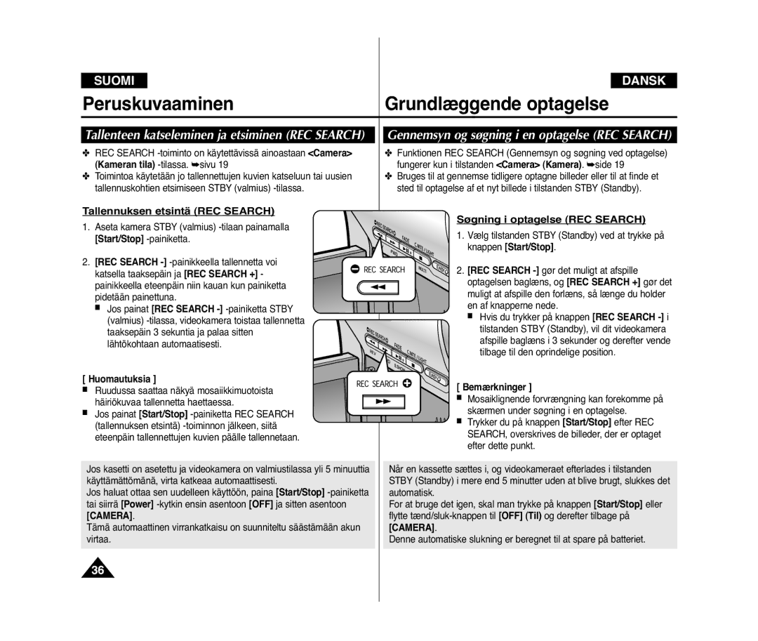 Samsung VP-D371/XEE manual Gennemsyn og søgning i en optagelse REC Search, Tallenteen katseleminen ja etsiminen REC Search 