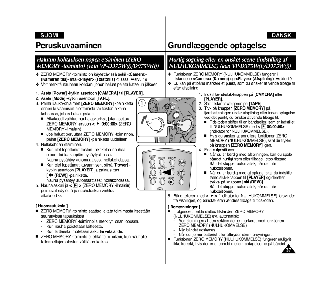 Samsung VP-D371W/XEE, VP-D371/XEE manual Zero Memory Nulhukommelse 