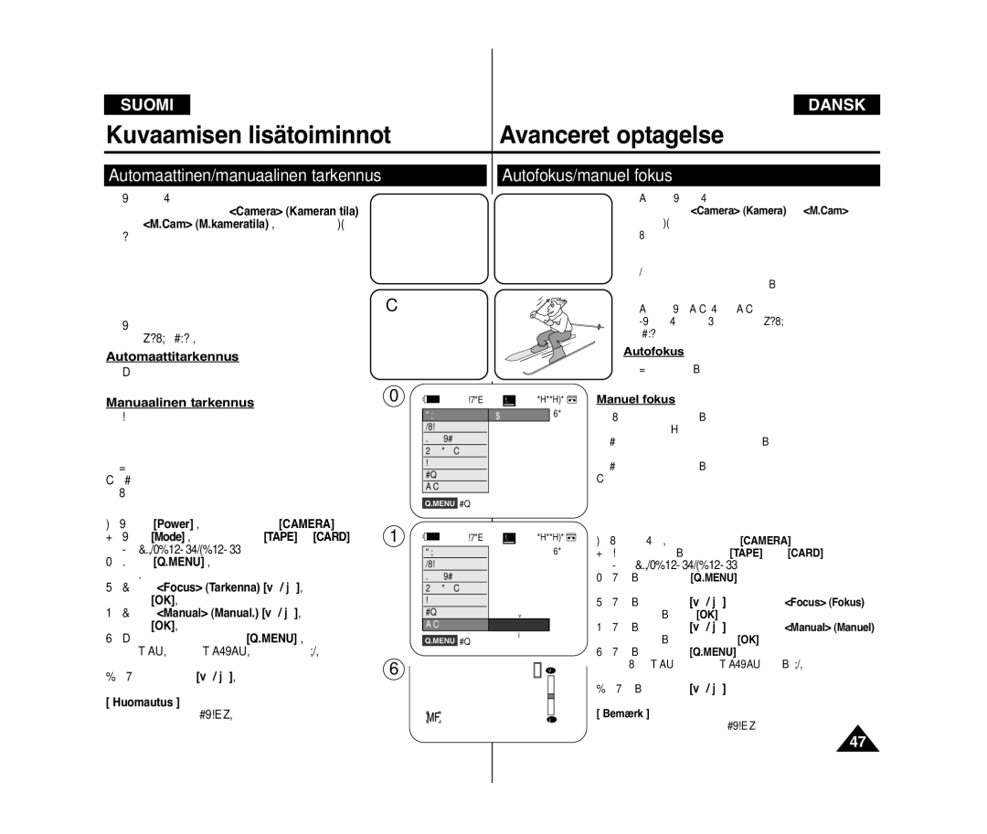 Samsung VP-D371W/XEE, VP-D371/XEE manual Automaattinen/manuaalinen tarkennus, Autofokus/manuel fokus, Automaattitarkennus 