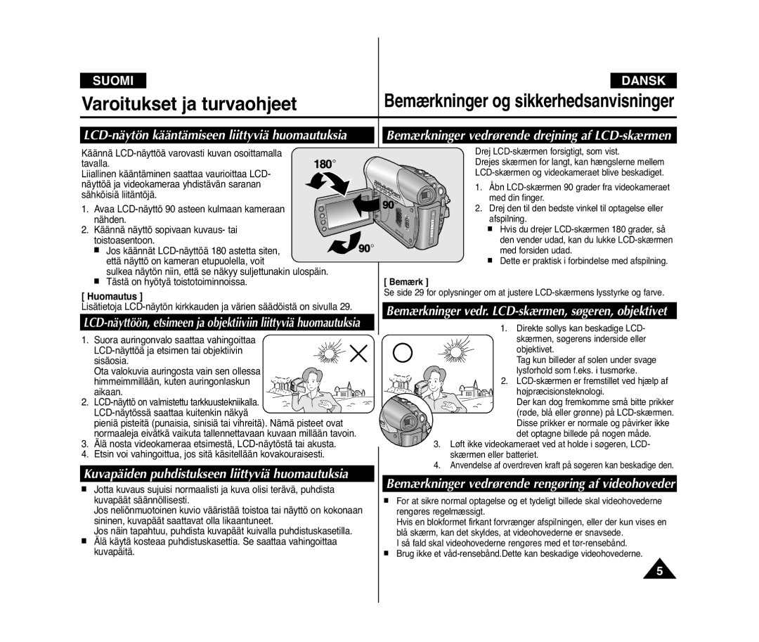 Samsung VP-D371W/XEE, VP-D371/XEE manual Varoitukset ja turvaohjeet, LCD-näytön kääntämiseen liittyviä huomautuksia 