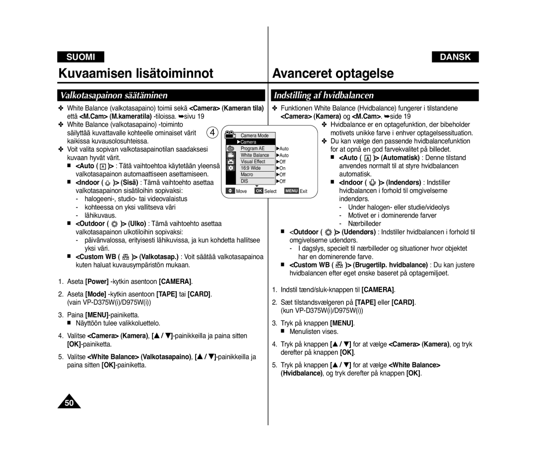 Samsung VP-D371/XEE, VP-D371W/XEE manual Inon säätäminen Indstilling af hvidbalancen 