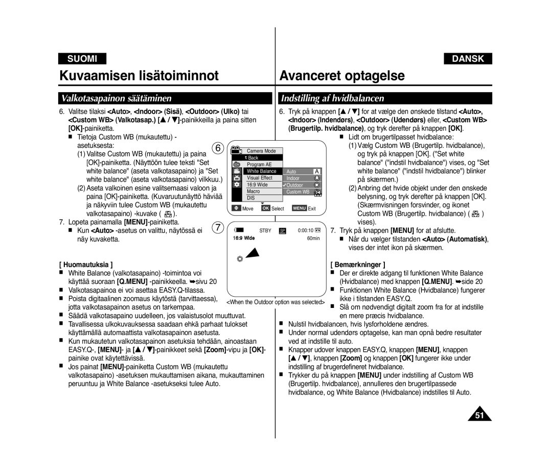 Samsung VP-D371W/XEE, VP-D371/XEE manual Valitse tilaksi Auto, Indoor Sisä, Outdoor Ulko tai, Huomautuksia Bemærkninger 