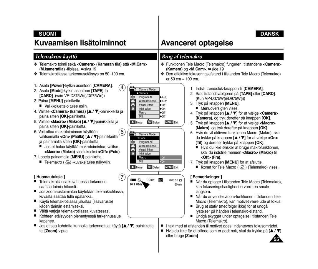 Samsung VP-D371W/XEE, VP-D371/XEE manual Telemakron käyttö, Brug af telemakro, Macro Makro -asetukseksi Off Pois 
