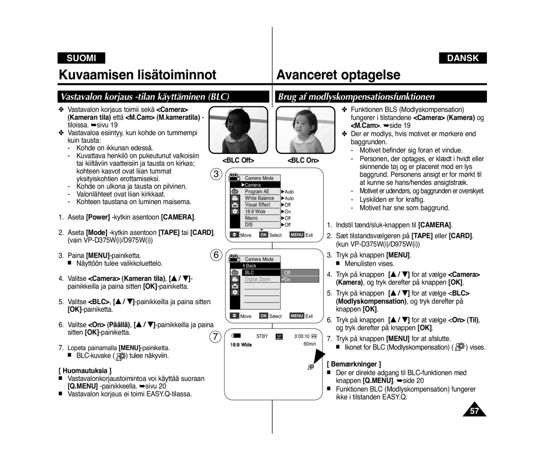 Samsung VP-D371W/XEE manual Vastavalon korjaus -tilan käyttäminen BLC, Kameran tila että M.Cam M.kameratila, BLC Off BLC On 