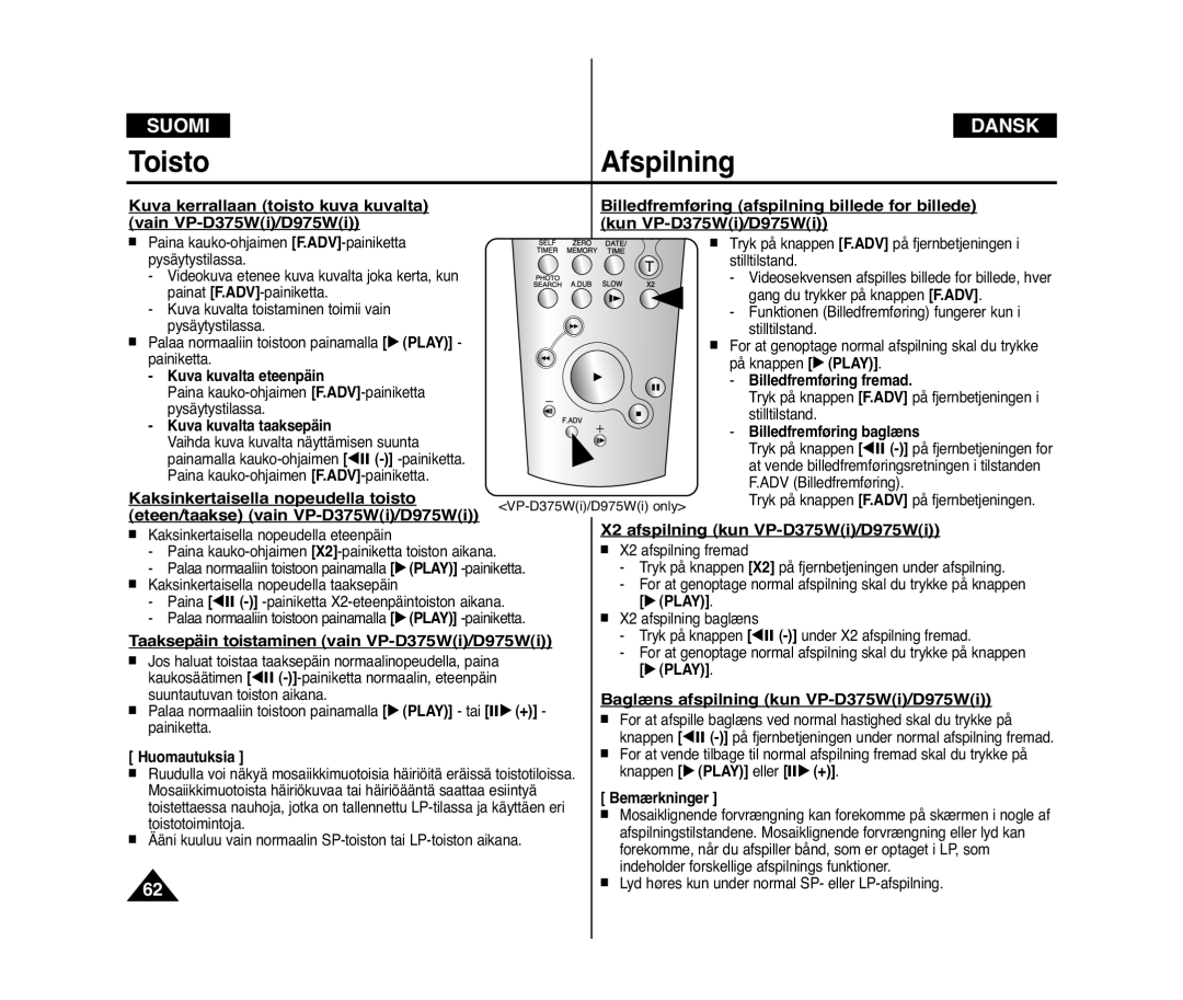 Samsung VP-D371/XEE, VP-D371W/XEE manual Toisto Afspilning 