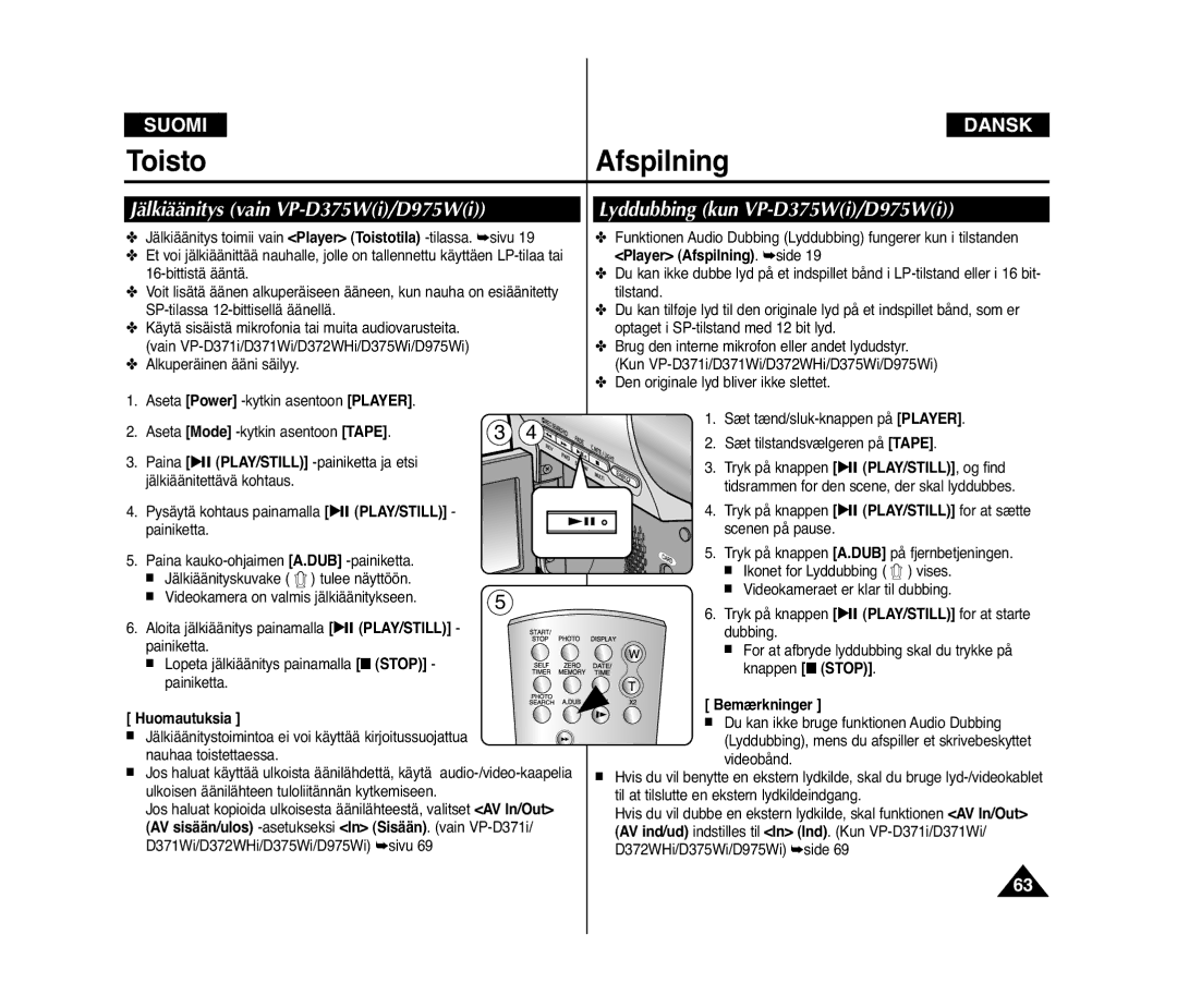 Samsung VP-D371W/XEE manual Lyddubbing kun VP-D375Wi/D975Wi, Jälkiäänitys vain VP-D375Wi/D975Wi, Player Afspilning. side 