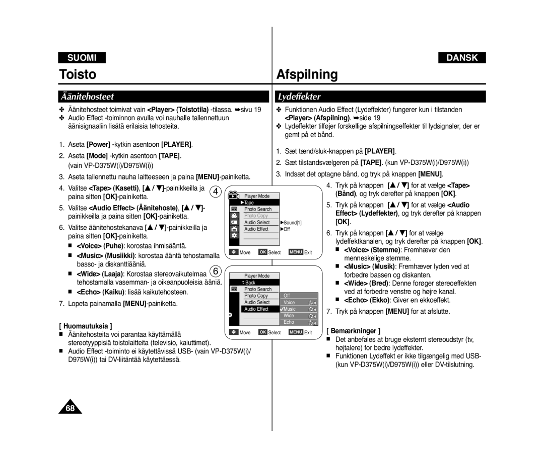 Samsung VP-D371/XEE manual Äänitehosteet, Lydeffekter, Valitse Audio Effect Äänitehoste, … / †, Voice Stemme Fremhæver den 