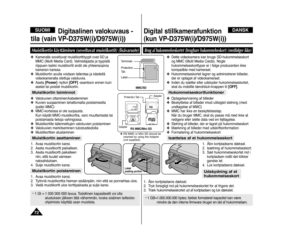 Samsung VP-D371/XEE, VP-D371W/XEE manual Muistikortin toiminnot, Hukommelseskortfunktioner, Muistikortin asettaminen 