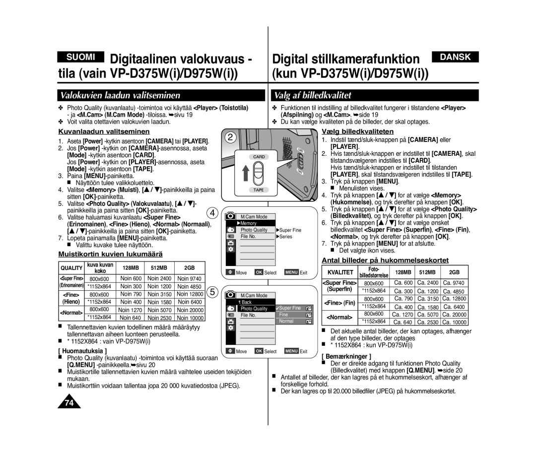 Samsung VP-D371/XEE Valokuvien laadun valitseminen, Valg af billedkvalitet, Kuvanlaadun valitseminen Vælg billedkvaliteten 