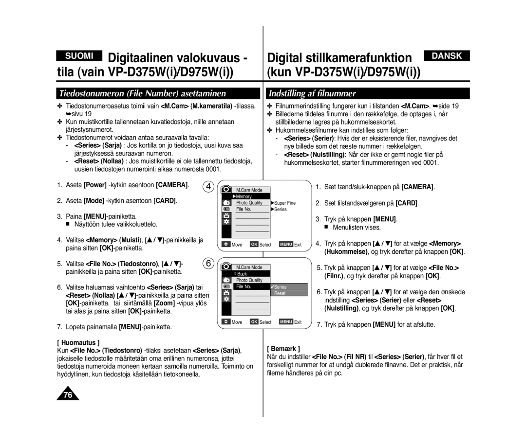 Samsung VP-D371/XEE Tiedostonumeron File Number asettaminen, Indstilling af filnummer, Valitse File No. Tiedostonro, … / † 