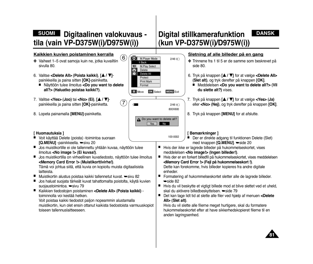 Samsung VP-D371W/XEE, VP-D371/XEE manual Kaikkien kuvien poistaminen kerralla, Sletning af alle billeder på en gang 