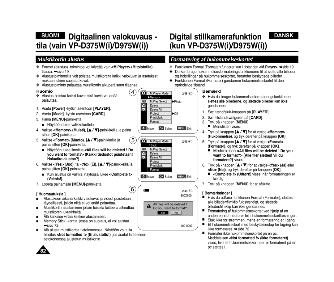 Samsung VP-D371/XEE, VP-D371W/XEE manual Muistikortin alustus, Formatering af hukommelseskortet, Huomio, Bemærk 