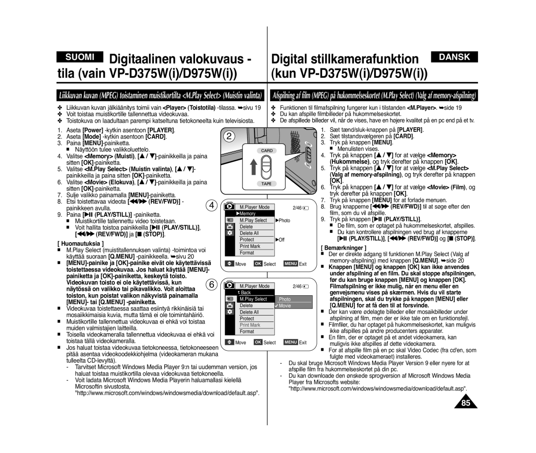 Samsung VP-D371W/XEE, VP-D371/XEE manual Valitse M.Play Select Muistin valinta, … / †, Œœ/√√ REV/FWD ja Stop 