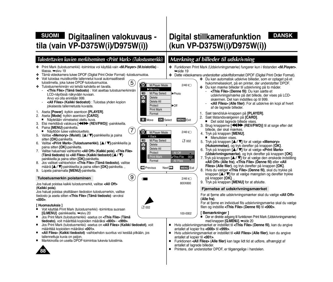 Samsung VP-D371/XEE, VP-D371W/XEE manual Fjernelse af udskrivningsmærket, Tulostusmerkin poistaminen 