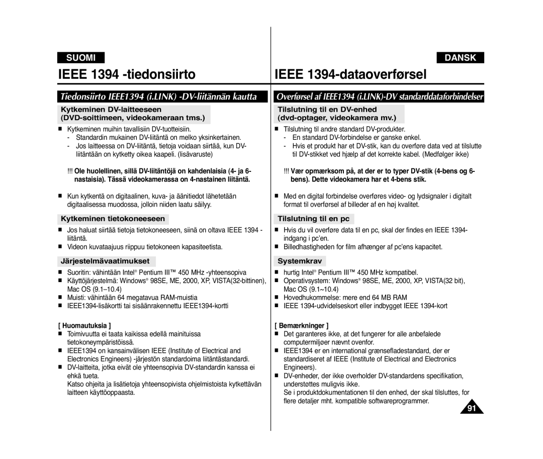 Samsung VP-D371W/XEE Ieee 1394 -tiedonsiirto Ieee 1394-dataoverførsel, Tiedonsiirto IEEE1394 i.LINK -DV-liitännän kautta 