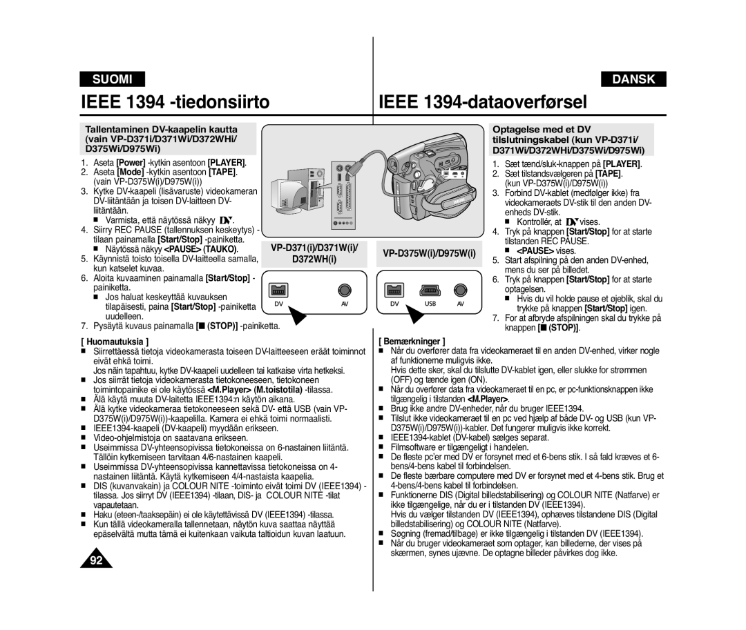 Samsung VP-D371/XEE, VP-D371W/XEE manual Ieee 1394 -tiedonsiirto, Pause vises 