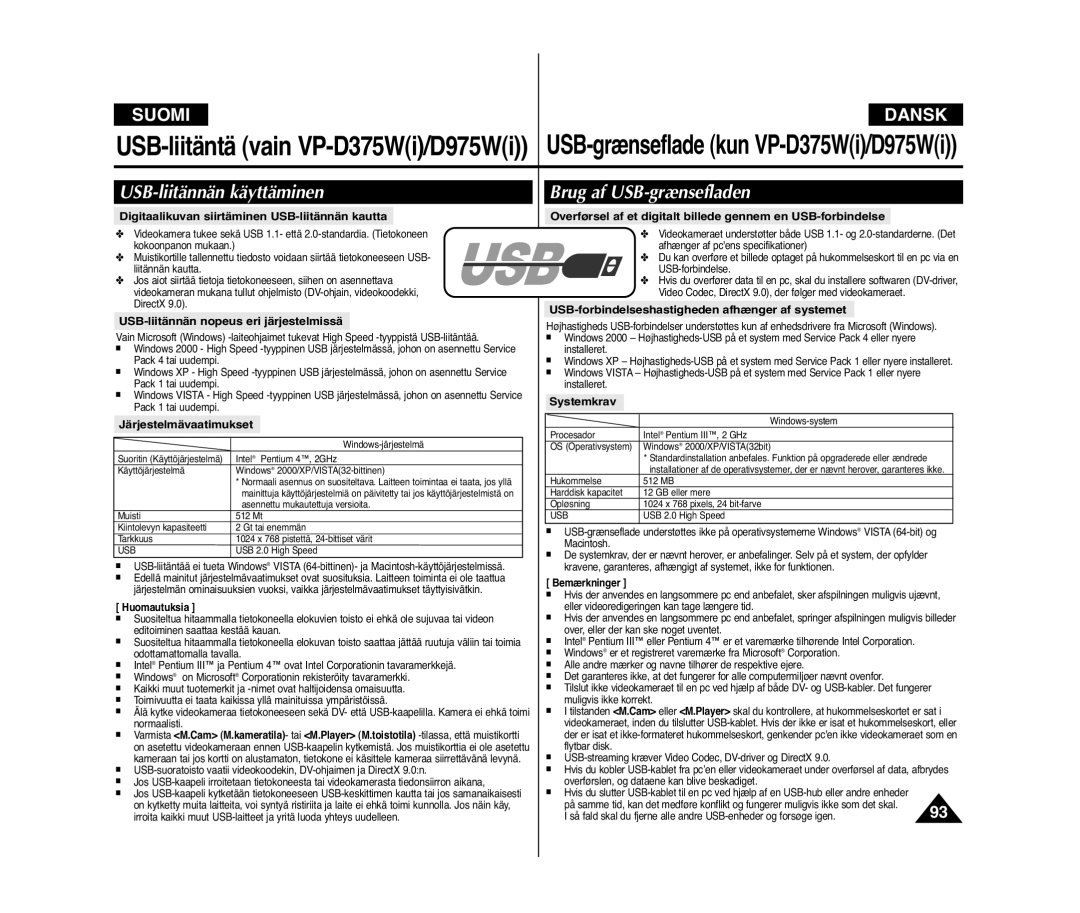 Samsung VP-D371W/XEE manual USB-liitännän käyttäminen Brug af USB-grænsefladen, USB-liitännän nopeus eri järjestelmissä 